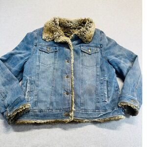 Vintage Y2K Fabio Faux Fur Lined Denim Jacket Womens Large Sherpa Trucker Coat